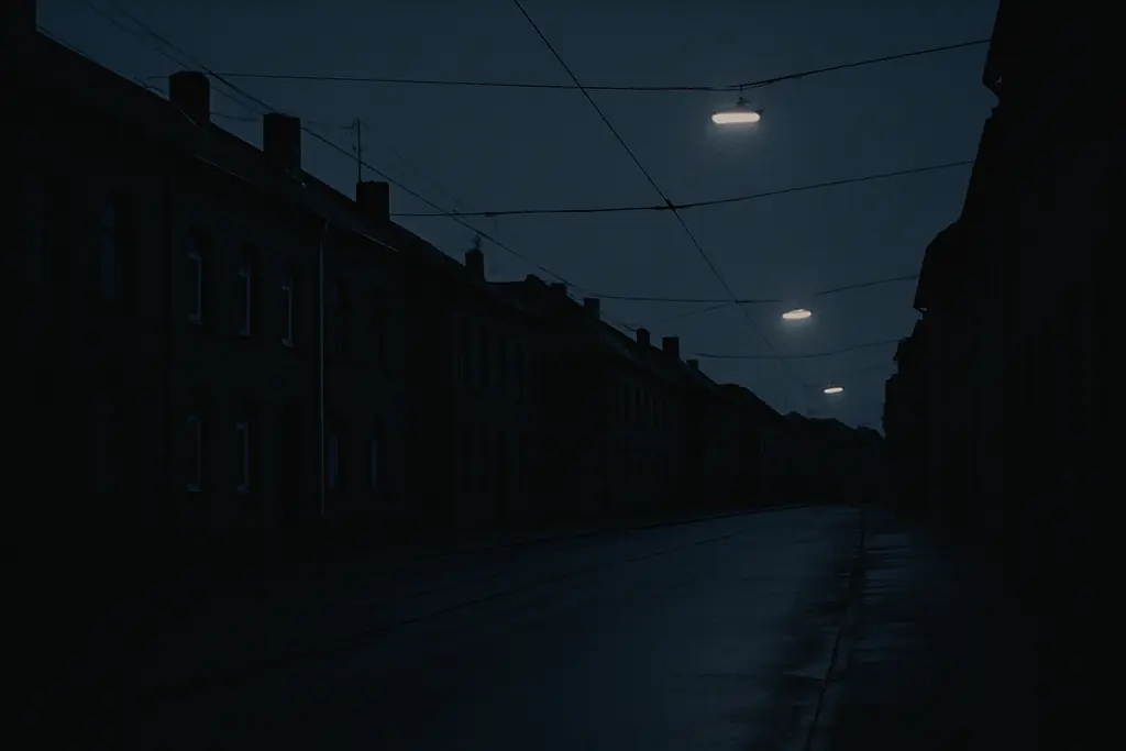 Straße im Ruhrgebiet in der Dämmerung, Straßenbahnleitungen und Laternen